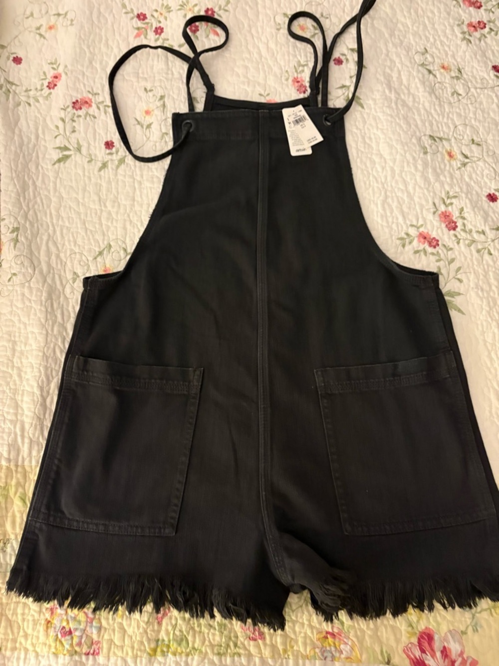 aerie Black Denim Overall Shorts with Adjustable Straps